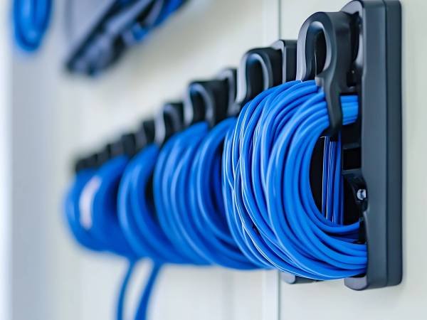 A close-up shot of blue cables neatly organized on a wall mount. The image showcases a clean and efficient cable management system, emphasizing the importance of organization and tidiness in a technological environment. This image could be used for illustrating concepts related to data centers, server rooms, networking, and communication technology.